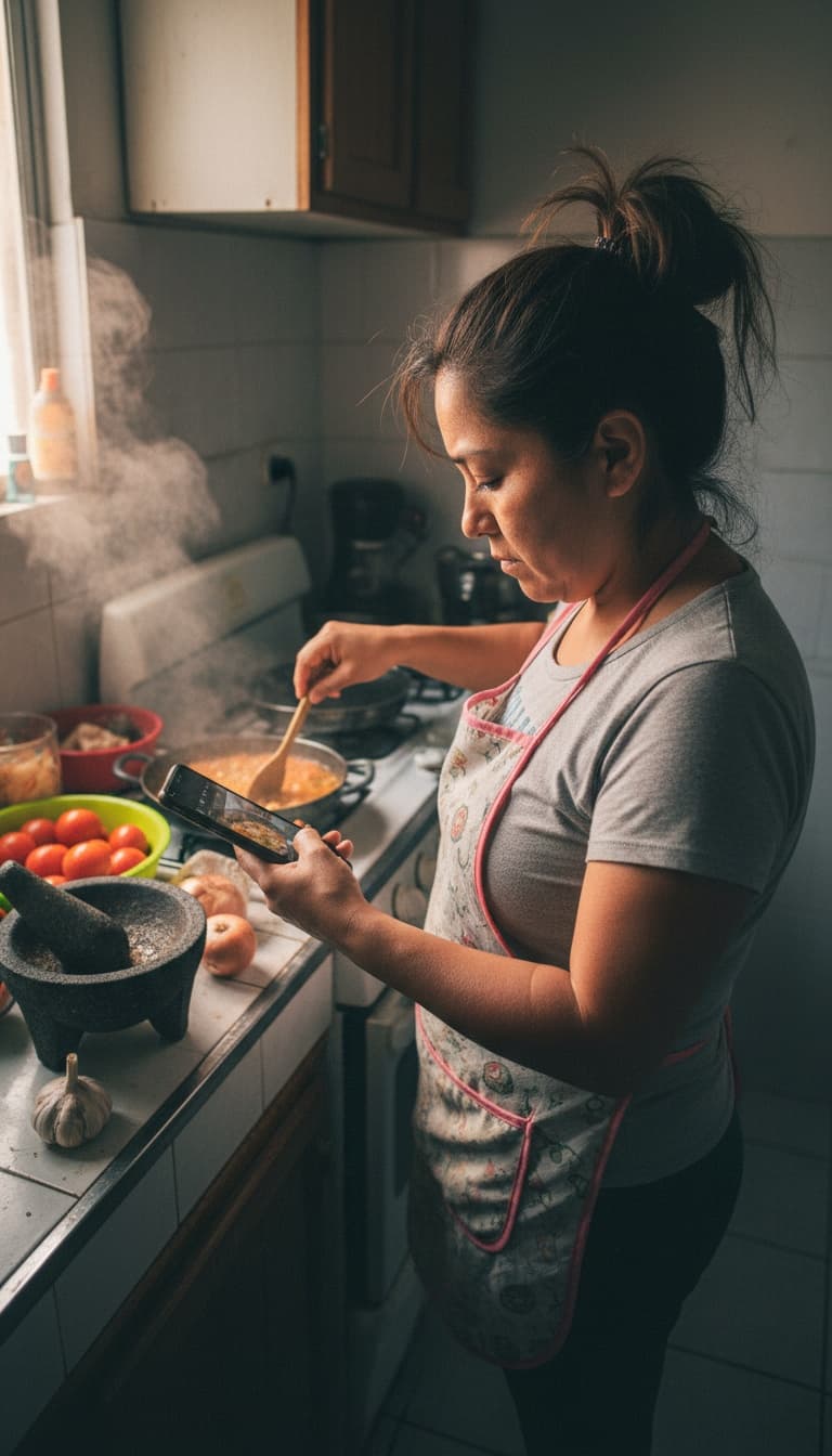 A woman filming her pan with her phone while stirring in a steamy home kitchen