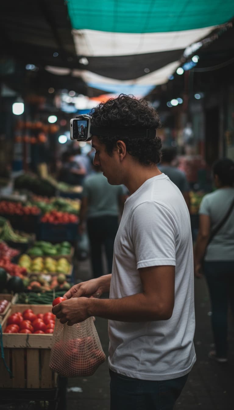 A young man with a phone in a DIY head-strap rig picking tomatoes at a street market