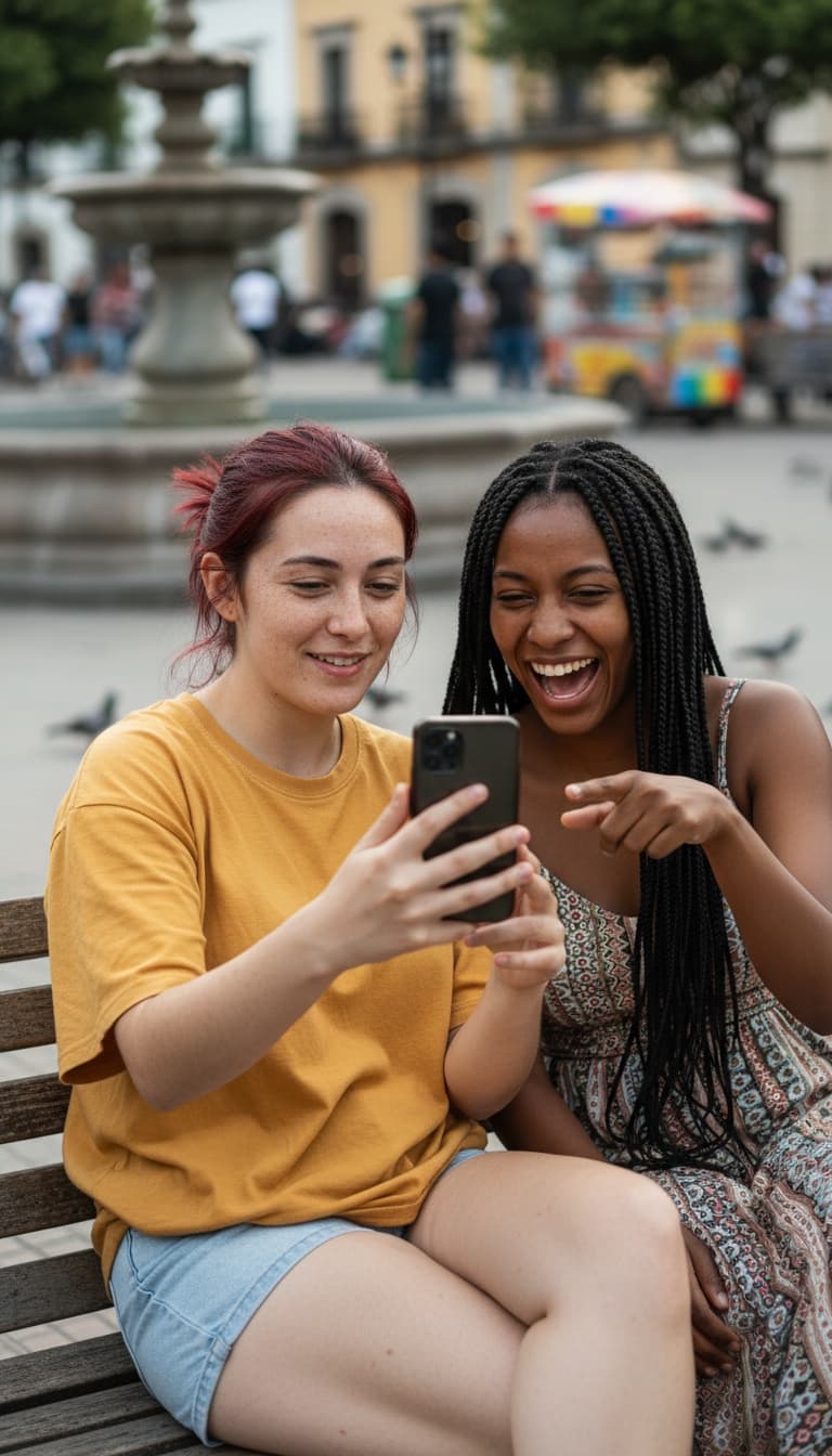 Two friends on a plaza bench laughing while one shows the other something on her phone