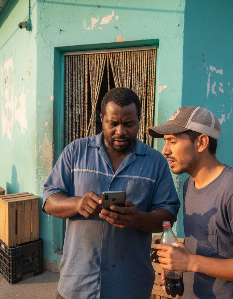 Two working men huddled over a phone in front of a turquoise shopfront at golden hour