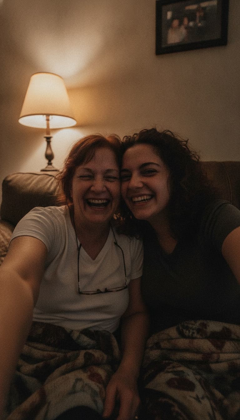 A mother and adult daughter cheek to cheek on a couch under lamp light