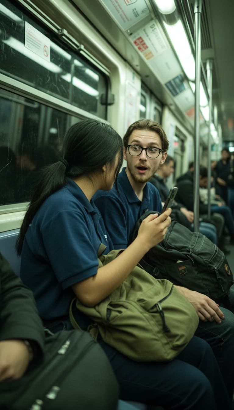 Two coworkers on the metro, one showing the other her phone