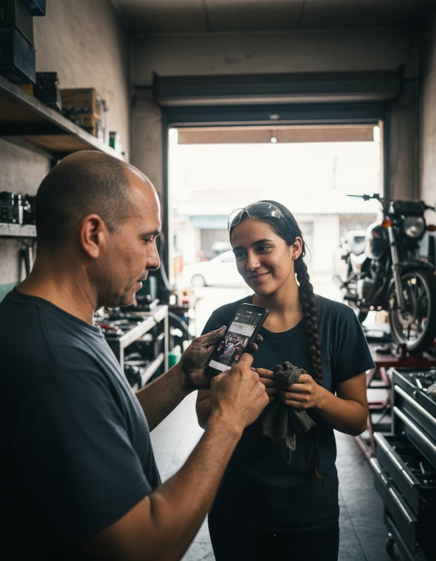 A mechanic showing his young apprentice something on a phone inside a motorbike repair shop
