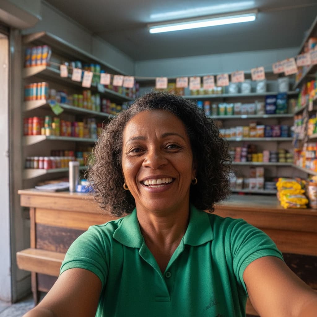 A woman laughing behind the counter of her small corner shop